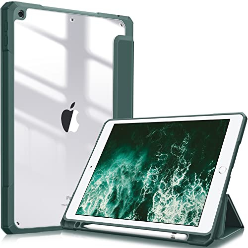 Fintie Hybrid Hülle für 10.2 Zoll iPad 9./8./7. Generation 2021/2020/2019 | Schutzhülle mit Stifthalter, Stoßfeste transparenter Hartschale auf der Rückseite, Auto Schlaf/Wach Funktion, Dunkelgrün