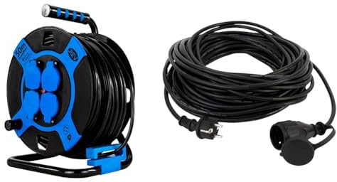 REV Kabeltrommel, IP44, Outdoor, 4 Schutzkontaktsteckdosen, 50m, schwarz & 0065109 Verlängerung, Verlängerungskabel Aussenbereich wasserd. 10m 3680W, schwarz