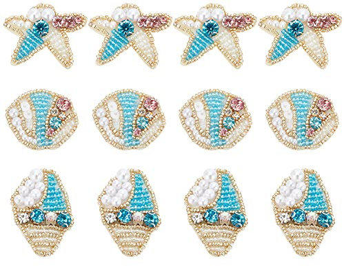 WEBEEDY 12 Stück Seestern Conch Muscheln Patch Applikation Handgefertigte Perlen Bügelbild Aufnäher mit Pailletten pplikation Kleidung Schuhe Taschen Dekoration Patch DIY