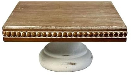 dwellington White Wash Display Wood Riser, 8.25 inch Shabby Chic Pedestal Tray Decor with Beads, Farmhouse Display Stands for Coffee Bar, Bathroom, Kitchen Island (Square)