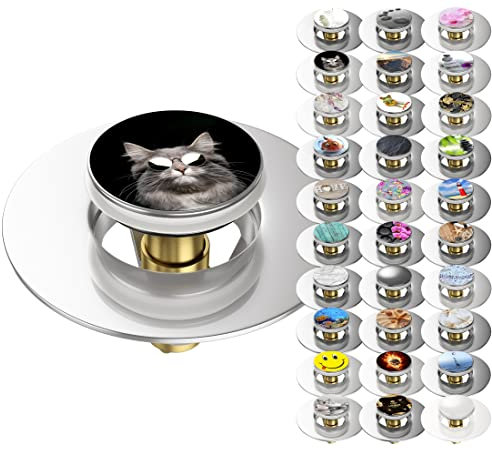 Sanilo Pop-Up Waschbeckenstöpsel, viele schöne universal Pop Up Abflussstopfen mit Motiv, Ablaufgarnitur (Cool Cat)