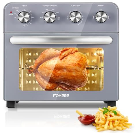 FOHERE Horno Freidora de Aire Caliente 23L, 1700W Freidora de Aire Caliente con 6 Accesorios y 100 Recetas, 80 a 230°C, Temporizador, Sin BPA ni PFOA, Gris
