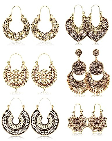 Morfetto 6 Pares Pendientes Colgantes Bohemios Vintage Boho Estilo Nacional Pétalo Hueco Pendientes Llamativos con Cuentas en Forma de Corazón para Mujeres Niñas Joyería de Oro Hipoalergénica Oro