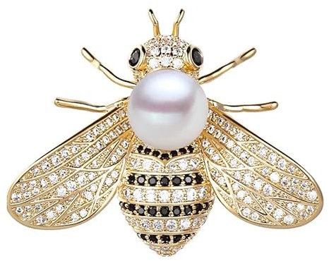 GIMIRO Bienen Brosche Elegante Bienen-Brosche mit Perle, Kristall-Strass Besatz, Goldfarben, Vintage-Stil Anstecknadel (a)