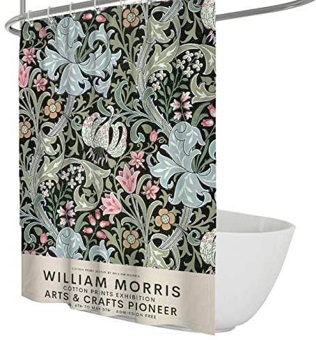 Retro boho-stil duschdraperi William Morris duschdraperier för badrum mjuk polyester vattentäta badgardiner med krokar B 112 x L 213 cm