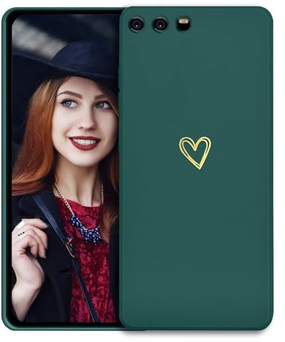 POUHYE Handyhülle für Huawei P10 Hülle, Soft Silikon Case mit Herz, Kameraschutz und Bildschirmschutz, Ultra Dünn Stoßfest Anti-Rutsch Schutzhülle für Huawei P10 Dunkelgrün