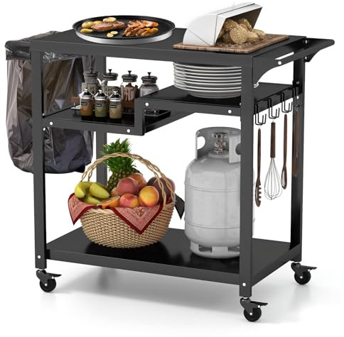 TANGZON Outdoor Grill Cart, BBQ Trolley and Pizza Oven Table | 111 x 50 x 93 cm Metal Food Prep Station, 90 kg Capacity, Middle Shelves, Bottom Shelf, Lockable Wheels, Hooks and Side Rack