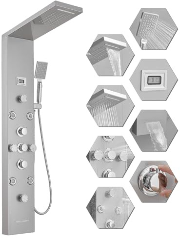 BWE Shower Panel Tower System with Rainfall Waterfall Head and Adjustable Massage Body Jets, Temperature Display Wall Mount Shower Column, Stainless Steel Brushed Nickel and Chrome