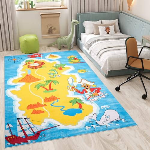 TAPISO Flannel Teppich rutschfest Gelb Blau Bunt Kurzflor Anti Rutsch Waschbar Pirateninsel Kinderteppich Kinderzimmer Spielteppich ÖKOTEX 120 x 170 cm