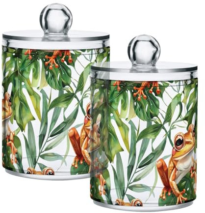 CHIFIGNO Juego de 2 tarros de plástico transparente con diseño de ranas de dibujos animados, hojas tropicales, tarros de boticario con tapas, organizador de tocador de baño para bolas de algodón,