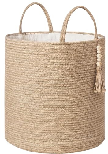 Wäschekorb Geflochten, Baumwollseil Wäschesammler Spielzeug Aufbewahrung Aufbewahrungskorb mit Griff Handarbeit Baumwollkorb Laundry Basket Wäschebox 40x36cm