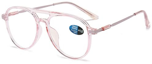 ABETOS Pilot Occhiali da lettura da uomo e donna, filtro luce blu, stile retrò, alla moda, da pilota, con aiuto per la lettura, con bordo pieno, rosa trasparente, 2
