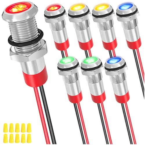 MKBKLLJY 8Pcs 6mm DC 12-24V Red/Yellow/Blue/Green LED Metal Indicator Light Waterproof Signal Lamp with 150mm Cable Length Metal LED Indicator Light and Wiring Cap for Car Interior Trucks Boats