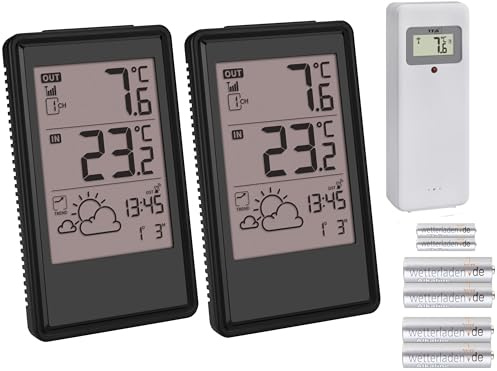 TFA 35.1170.01.Plus Funkwetterstation mit 2 Display Wettervorhersage Funkuhr Datum Trendanzeige Aussensensor (schwarz mit Batterien)