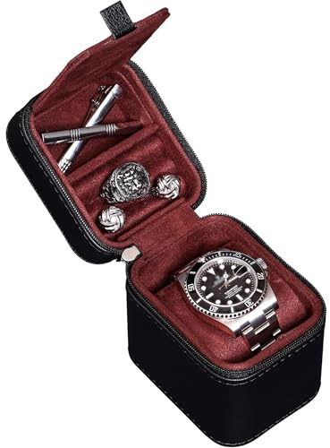 ROTHWELL Single Watch Travel Case, Compact PU Leather Case with Microsuede Interior, Fits Watches and Smart Watches up to 55mm (Black/Red)