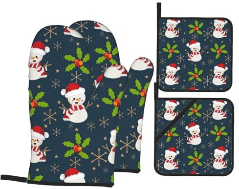 Ofenhandschuhe und Topflappen-Set, niedlicher Schneemann, Stechpalmenbeere, hitzebeständig, Küchen-Backhandschuhe, rutschfeste Oberfläche zum Kochen, Backen, Grillen, Grillen