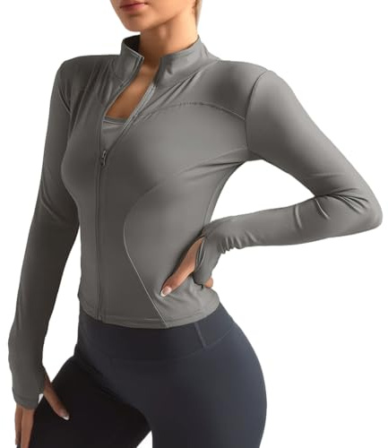 Neteson Maglietta Sportiva Donna a Manica Lunga T Shirt Fitness Yoga Corsa Crop Top Sport Athletic Gym Maglia Running Palestra con Zip e Pollice Foro