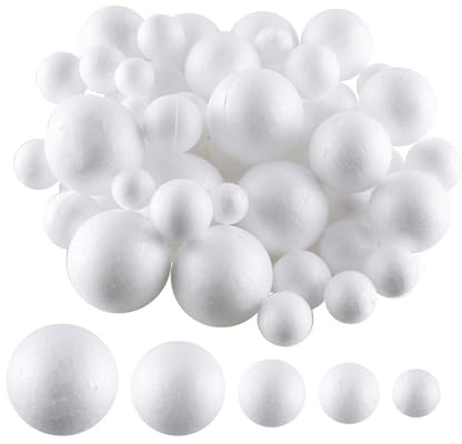 80 palline di polistirolo, per fai da te, 5 misure, per decorazioni artistiche, 20 per 1 cm, 2 cm, 15 per 3 cm, 4 cm e 10 per 5 cm