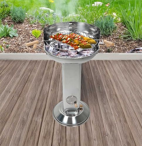Säulengrill mit 4-fach höhenverstellbarem Grillrost mit Haltegriffen, Belüftungshebel, Windschutz und Ascheschublade, rostfreier Edelstahl, Kohlegrill rund