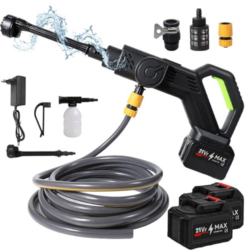 Akku Hochdruckreiniger,70 Bar Mobiler Hochdruckreiniger 6 in 1 Multi-Sprühdüse,4500mAh Akku,5M Schlauch, Verlängerungslanze, für Autos, Fenster, Rasen, Gärten, Pools ﻿ ﻿ ﻿ ﻿ ﻿ (2 Batteries)