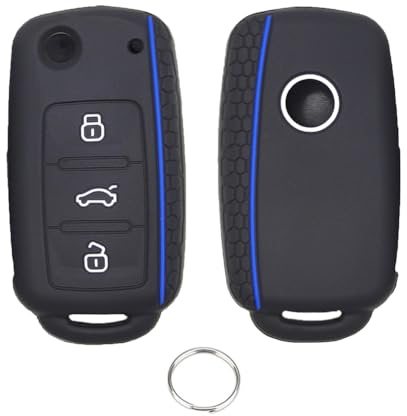 Chaexii VW Auto Schlüssel Silikon Cover,3 Tasten Golf Schlüsselhülle | für VW Polo Bora Beetle Golf 4 5 6 T5 Jetta Caddy Skoda Touran Passat Seat Leon,Schutzhülle + Schlüsselring (Blau)