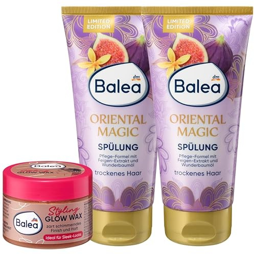 Balea 3er-Set Haarpflege: Haarwachs Styling Glow Wax glänzendes Finish, flexibler Halt für Sleek-Looks, 75 ml + Spülung Oriental Magic für natürlichen Glanz mit orientalischem Duft, 2 x 200 ml (475ml)