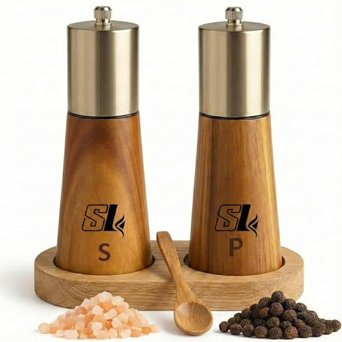 SAVOURLUXE Premium Wooden Salt and Pepper Grinder Set with Stand & Spoon – Adjustable Ceramic Mills, 7.2 inch Refillable Acacia Wood Pepper Grinder for Kitchen & Dining (Modern)