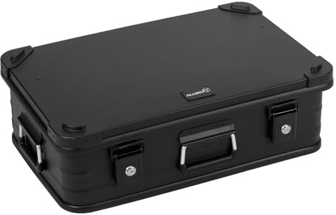 Alubox Alukiste abschließbar E39-BLACK - Premium Aluminium Lagerbox 39 Liter - Deckel mit Aluminium Druckguss Stapelecken und Gummidichtung - inklusive Schlösser - komplett schwarz