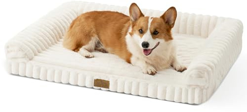 COZY KISS Cama Ortopédica para Perros de Pelo Sintético, Sofá Ergonómico para Perros Grandes, 90x68x15 cm - Diseño Acordonado, Lavable, Antideslizante, Crema L