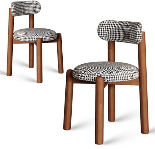 Juego de 4 sillas de comedor modernas de madera de nogal, diseño de respaldo curvado, marco de madera resistente, piel antiarañazos y cojines de tela a cuadros, muebles de comedor elegantes