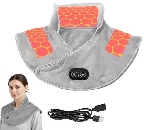 Heizkissen Nacken Schulter mit Vibration, Wärmekissen Hals Nacken Schulter Elektrisch Heizkissen mit USB Anschluss, Tragbar Wärmepads zur Schmerzlinderung und Warm halten (Grau)