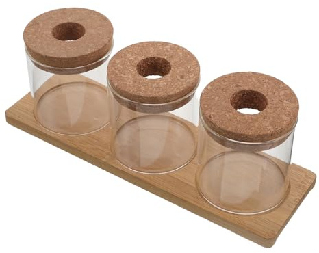 SUPVOX Vase Hydroponique en Verre Transparent 8x8 Cm avec Couvercle Perforé et Triple Support en Bois, Bouteille de Jardinage D’intérieur pour Propagation D’Eau, Terrarium Décoratif