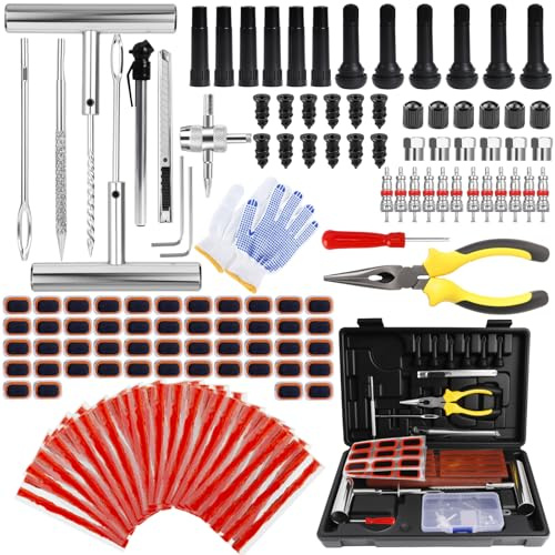 160PCS Tire Repair Kit, Heavy Duty Car Tyre Puncture Repair Kit, Tubeless Tyre Plug Repair Kit with Storage Case, Emergency Car Tyre Puncture Repair Kit for Car, Motorcycle, Truck, Van, ATV, Tractor