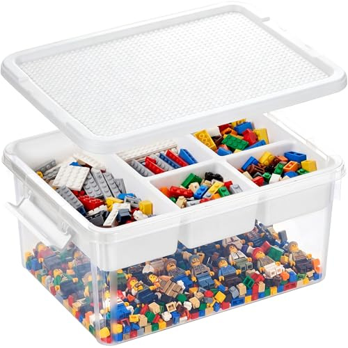 Kerhouze 16-Liter-Spielzeugaufbewahrungsbox mit Deckel in Form einer Baustein-Grundplatte, herausnehmbarem Einsatz, Verschlussgriff, stapelbare Kunststoff-Aufbewahrungsbox mit Fächern