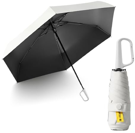 Mini Travel Folding Umbrella with Carabiner Handle for Women Men Kids/Compact Portable/Lightweight Small/6 Ribs/Anti UV Protection/Teflon Coating/Waterproof/Sun Rain/Fits Handbag&Purse