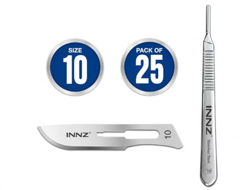 Innz Surgical Scalpel Blades #10 Stainless Steel Pack of 25 & Handle No 3 | Sterile, Wood Art, Card Making, Lab Training Surgical, Sculpting Repairs Lab Anatomy Sign