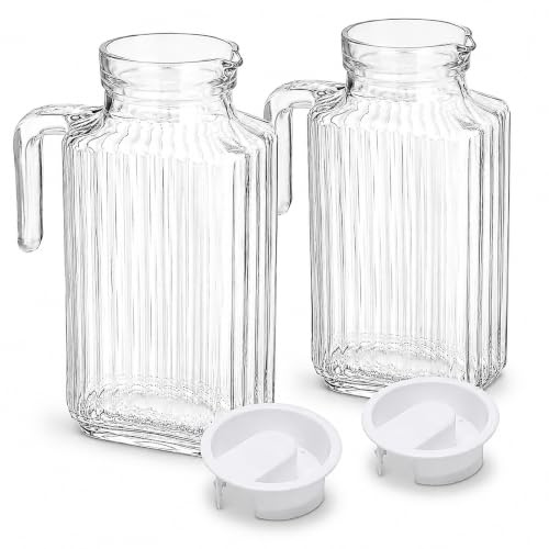 Pack de 2 Jarras de Cristal con Tapa y Asa, Diseño Cuadrado con Relieve, para Agua, Zumo e Infusiones Frías, Botella para Nevera (1,8 Litros)