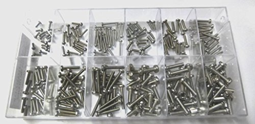 Sortimentskasten mit 240 Stück kleinen Linsenkopfschrauben nach DIN 7985 aus Edelstahl A2 (M2, M2,5, M3 und M4), PH-Kreuzschlitz, Linsenkopf. Minischrauben Sortiment inkl. beschrifteter Box