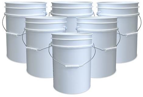 5 Gallon Bucket Only | Made in USA | Food Grade | Durable 90 Mil All Purpose Pail | BPA Free | Premium HPDE | Easy Stack and Store | Lids Not Included (White, 6)