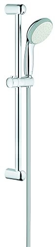 GROHE Vitalio Go 100- Conjunto de ducha (teleducha 10 cm con 1 chorro, barra ducha 62 cm, soportes de pared metal, flexo 1,75 m, menor consumo agua, instalación QuickGlue), cromo, 26196000