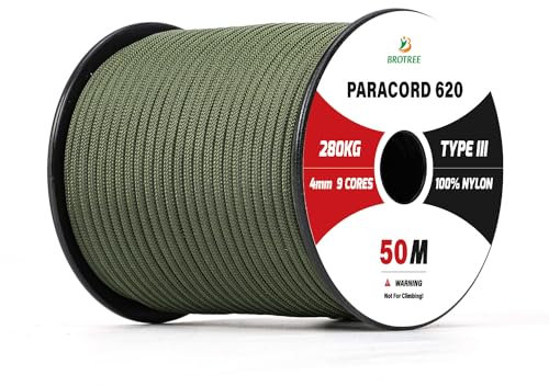 Brotree Paracord 4mm 50M 9 Stränge 100% Nylon Seil Schnüre Typ III für Survival, Outdoor, Heimwerken - Bruchlast 280kg (Armee Grün)