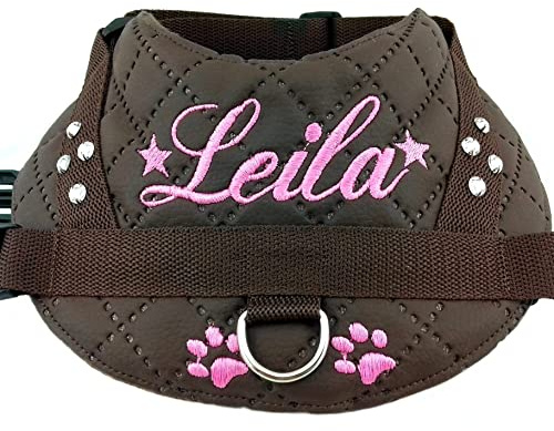 Hundegeschirr S M L XL XXL mit Wunsch Namen bestickt Kunstleder braun rosa mit Glitzer