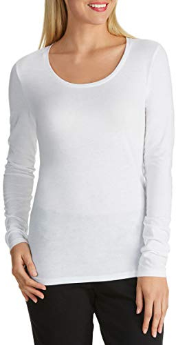 Womens Long Sleeve Stretch Plain Round Scoop Neck T Shirt Top Ladies Fitted Tee (White, 12-14)