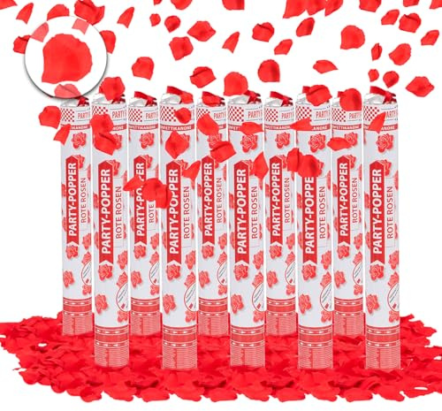 Party Factory – Konfettikanone Rote Rosen Party Popper 10er Set – Partygadgets Konfetti Kanone 40cm mit Schnipseln für Hochzeit, Valentinstag oder JGA – Bis 8m Flughöhe, für Innen & Außen