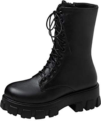 Celucke Biker Boots Damen Stiefeletten mit Blockabsatz und Reißverschluss, Klassische Winterstiefel im Military-Stil, Schnürstiefel Combat Boots (Schwarz, 39)