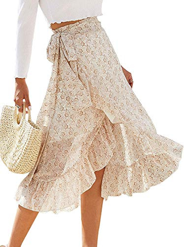 ThCreasa Womens Boho Floral Print High Waisted Wrap Skirts Ruffle Hem Tie Knot Summer Chiffon Flowy Midi Skirts Apricot L