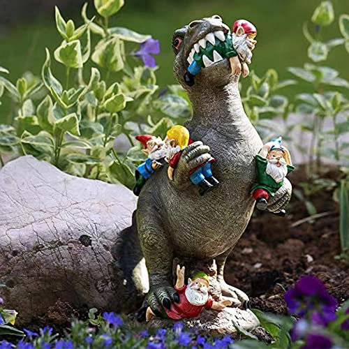 Garden Gnome Ornaments, Waterproof Eco-friendly Dinosaur Eating Gnomes Figurines Miniature Resin Statues for Indoor Outdoor Lawn Desk Decoration & Gift