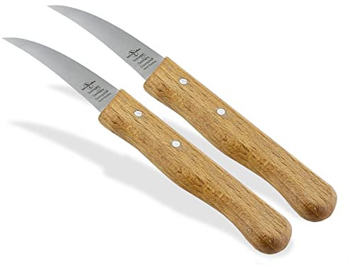 Schälmesser Solingen Vogelschnabel 2er Set mit Nicht Rostfreier gebogener Klinge Küchenmesser Extra Scharf Gemüsemesser Obstmesser Made in Germany mit Holzgriff Buche zum Schneiden von Obst und Gemüse