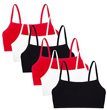 Fruit of the Loom Women's Spaghetti Strap Cotton Sports Bra Value Pack, Black Hue/Black Hue/White/White/Red Hot/Red Hot, 38