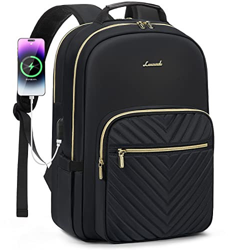 LOVEVOOK Rucksack Damen Groß, 18 Zoll Wasserdicht Reiserucksack Handgepäck Backpack Flugzeug Schwarz mit USB-Ladeanschluss, Laptoptasche Rucksäcke Tagesrucksack für Schule Uni Business Reise